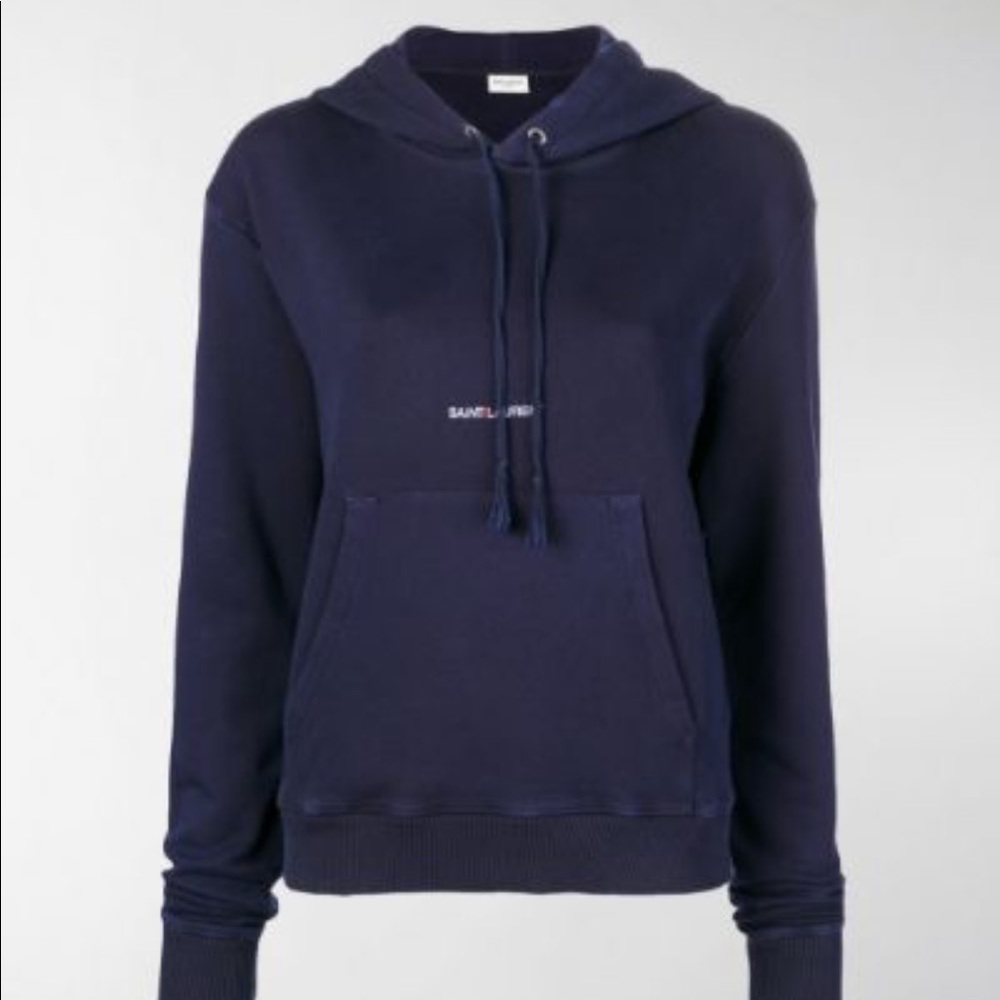Saint Laurent logo distressed hoodie womens size xs $850 riva gauche navy blue